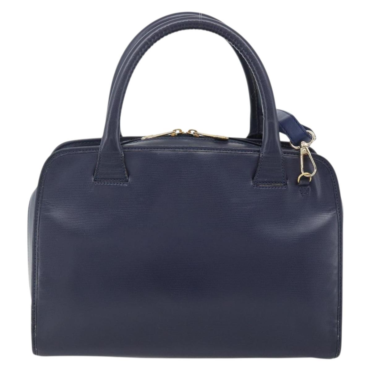 CELINE Hand Bag Leather 2way Navy Gold Auth 176670