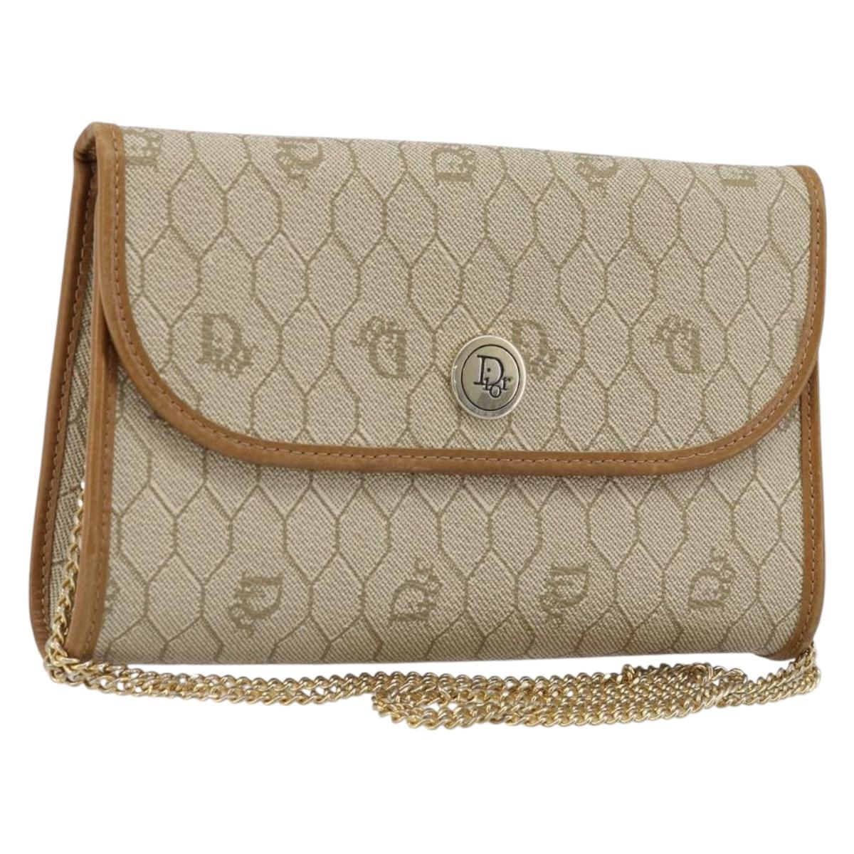 Christian Dior Honeycomb Canvas Chain Shoulder Bag PVC Beige Gold Auth 176698