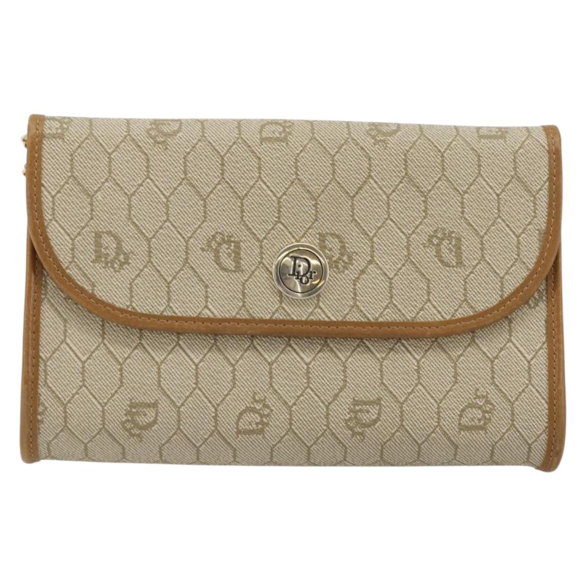 Christian Dior Honeycomb Canvas Chain Shoulder Bag PVC Beige Gold Auth 176698