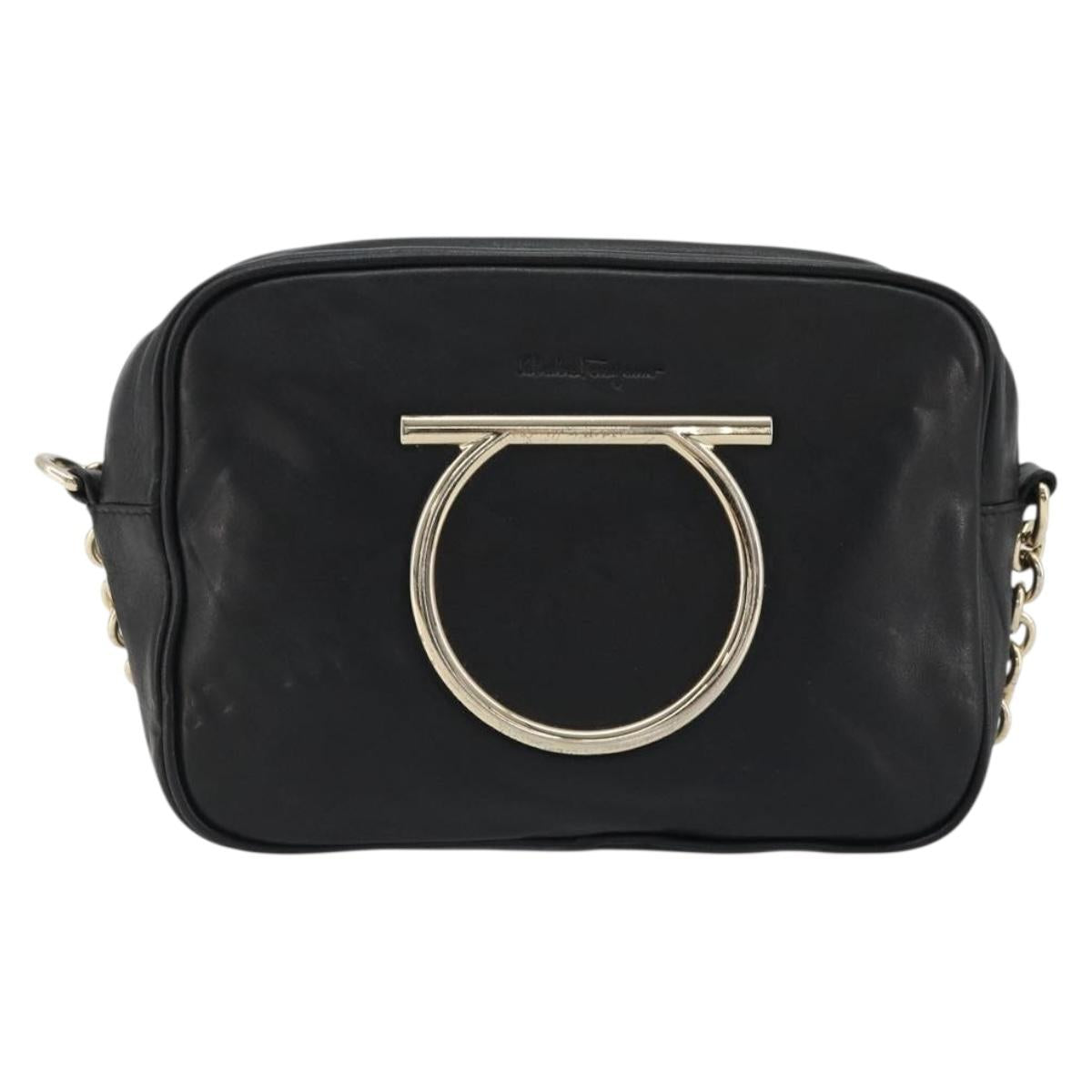 Salvatore Ferragamo Gancini Chain Shoulder Bag Leather Black Gold Auth 176787
