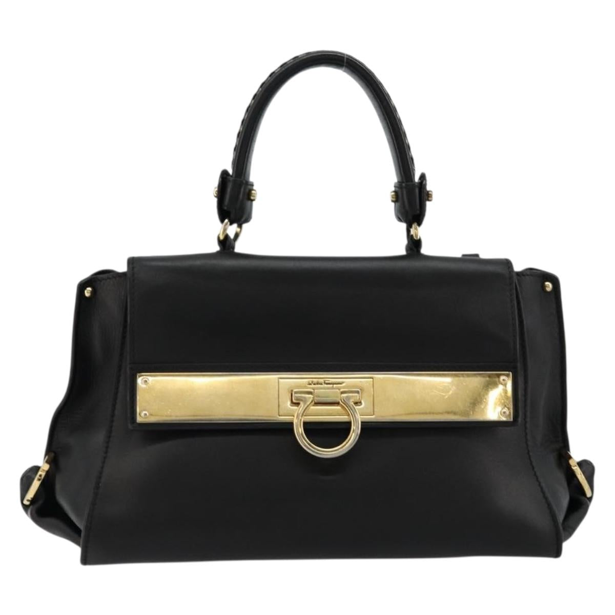 Salvatore Ferragamo Gancini Sofia Hand Bag Leather 2way Black Gold Auth 176789
