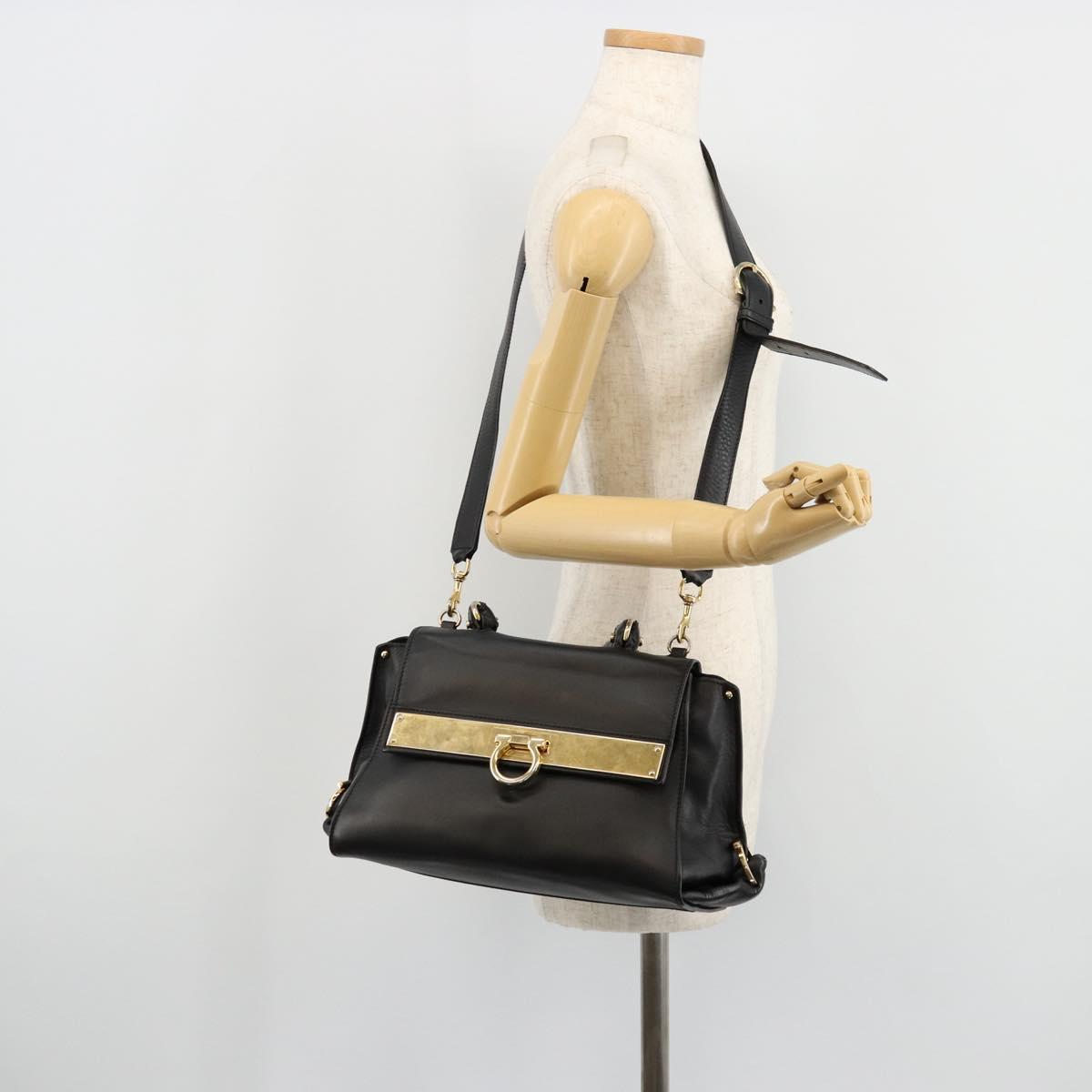 Salvatore Ferragamo Gancini Sofia Hand Bag Leather 2way Black Gold Auth 176789