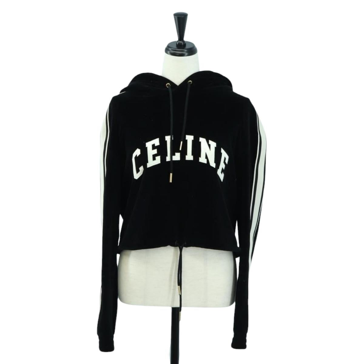 CELINE Cropped Hoodie Velor Black Auth 176793M