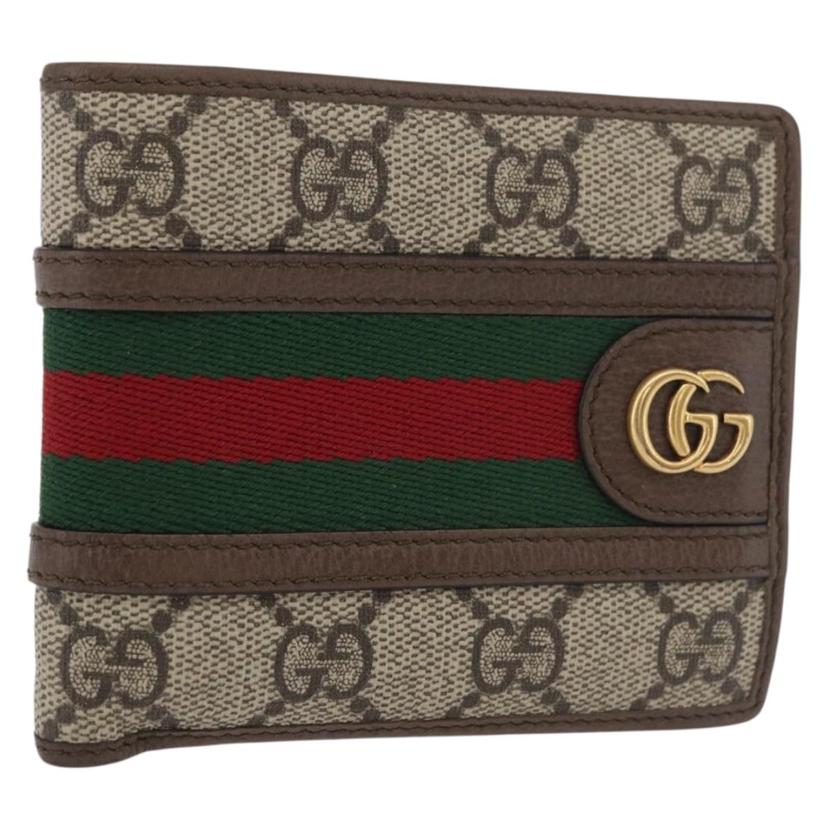 GUCCI Web Sherry Line GG Supreme Compact Wallet PVC Beige Red 597609 Auth 176813