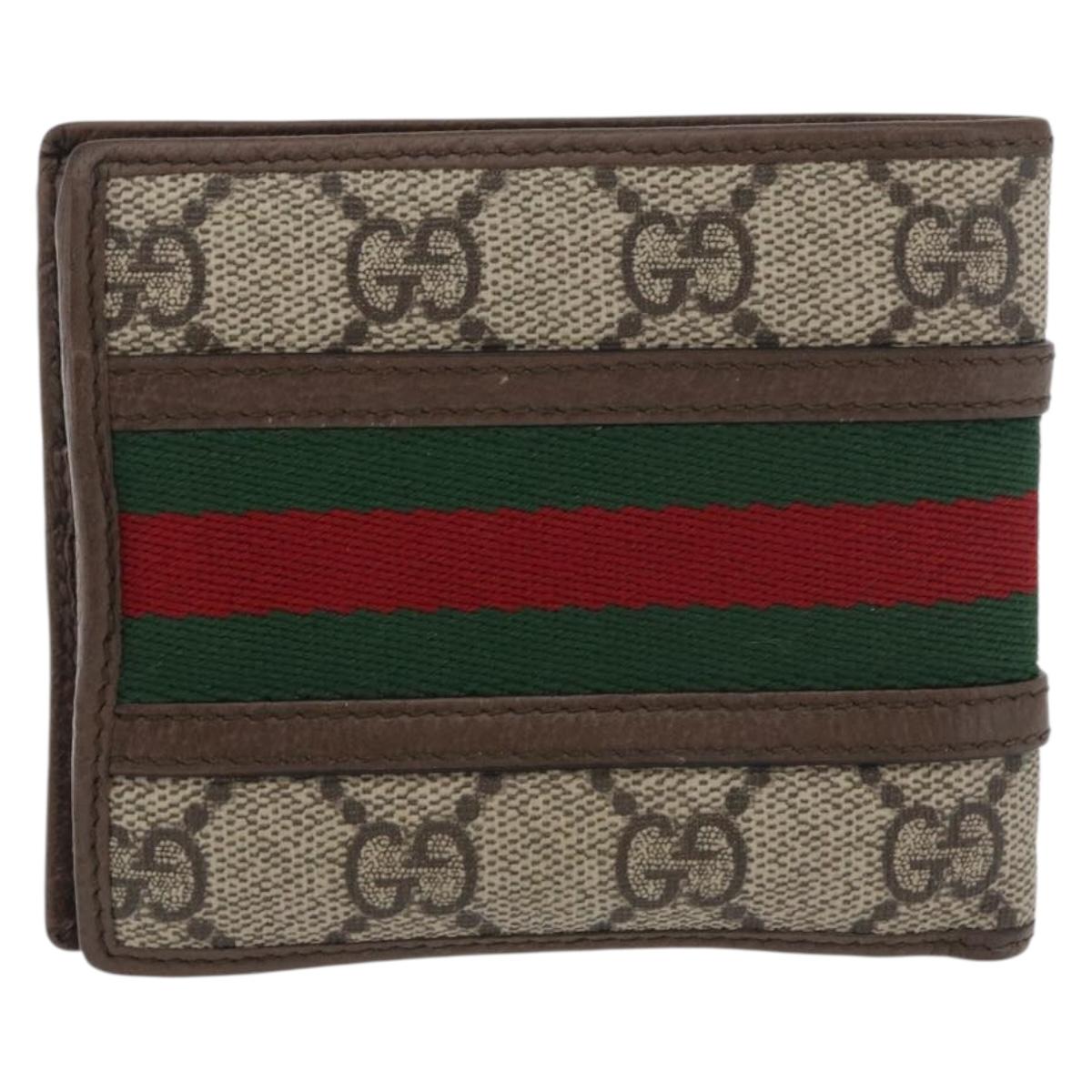 GUCCI Web Sherry Line GG Supreme Compact Wallet PVC Beige Red 597609 Auth 176813