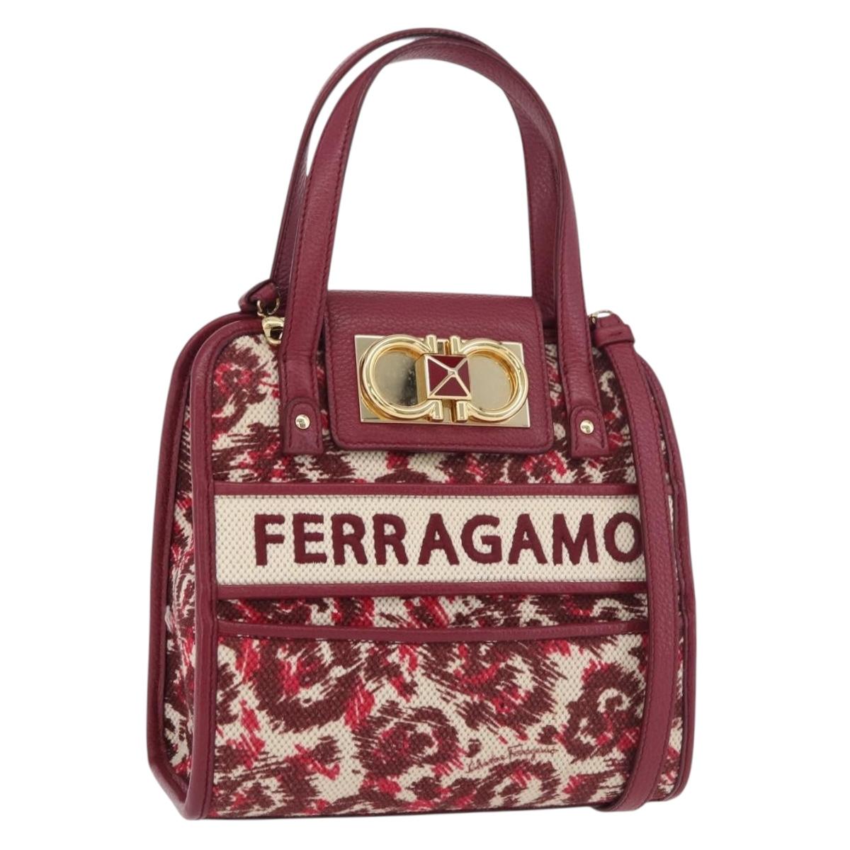 Salvatore Ferragamo Gancini Hand Bag Canvas 2way Red Gold Auth 176834