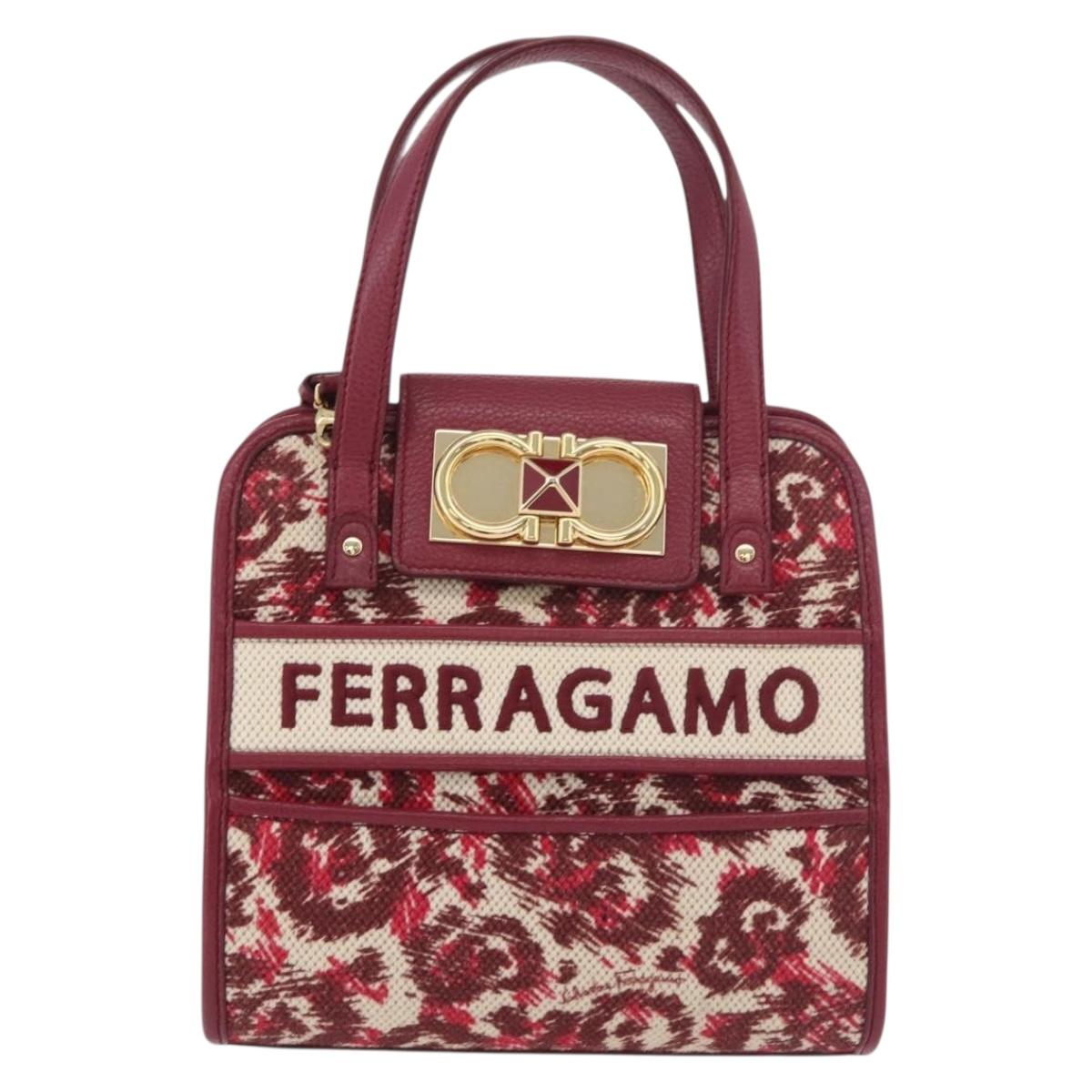 Salvatore Ferragamo Gancini Hand Bag Canvas 2way Red Gold Auth 176834