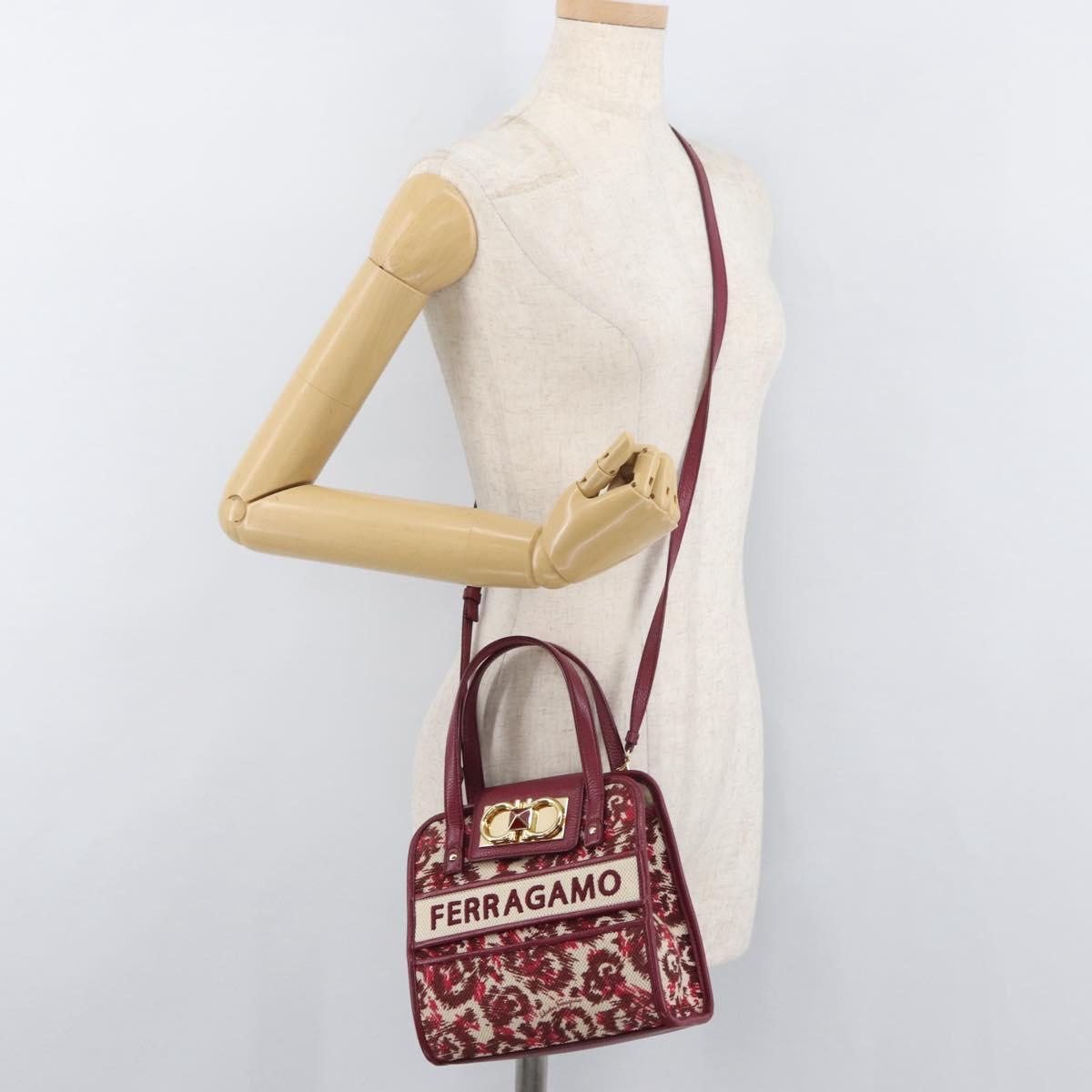 Salvatore Ferragamo Gancini Hand Bag Canvas 2way Red Gold Auth 176834