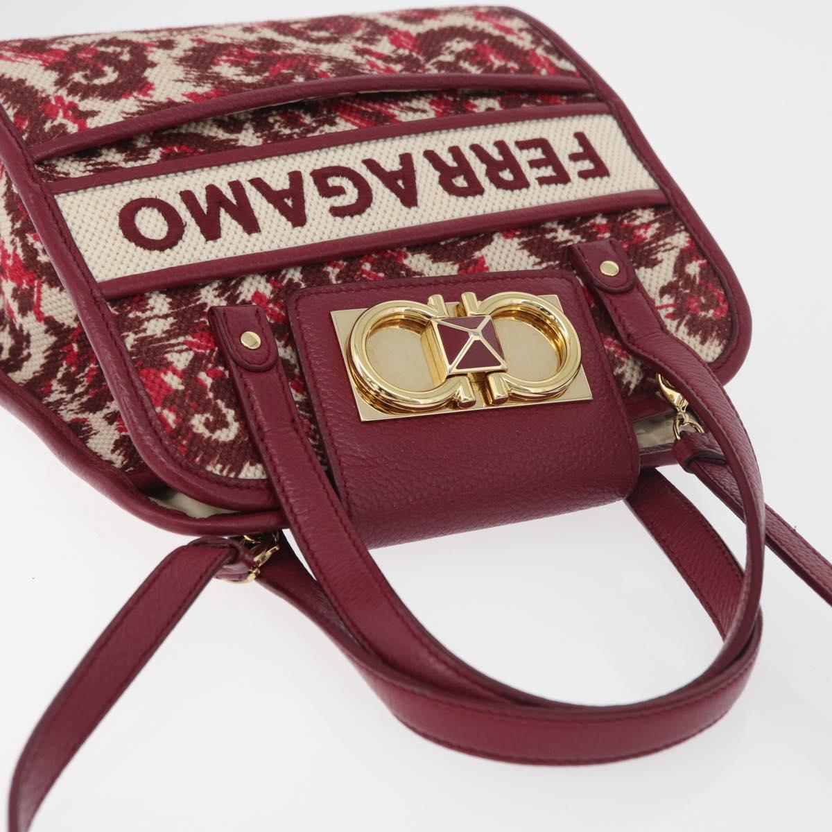 Salvatore Ferragamo Gancini Hand Bag Canvas 2way Red Gold Auth 176834