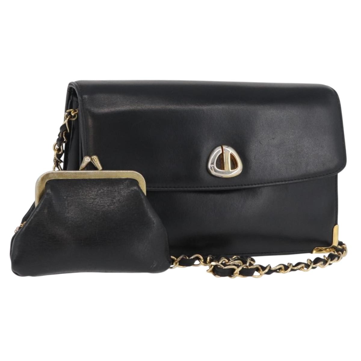 Christian Dior Chain Shoulder Bag Calf Skin Black Gold Auth 176840A