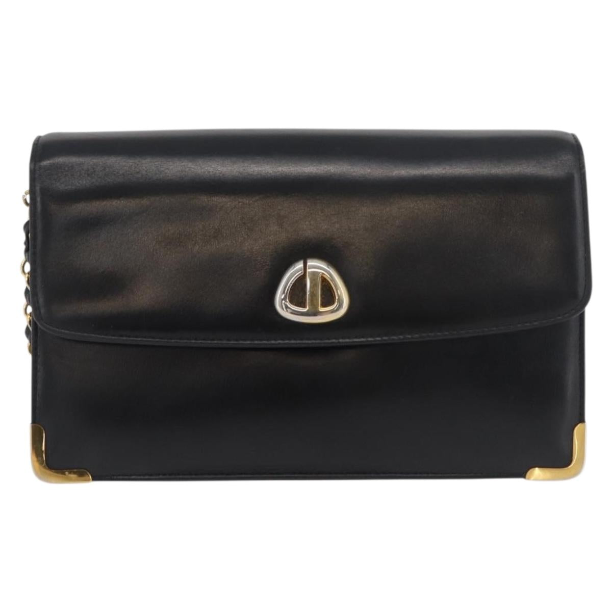Christian Dior Chain Shoulder Bag Calf Skin Black Gold Auth 176840A