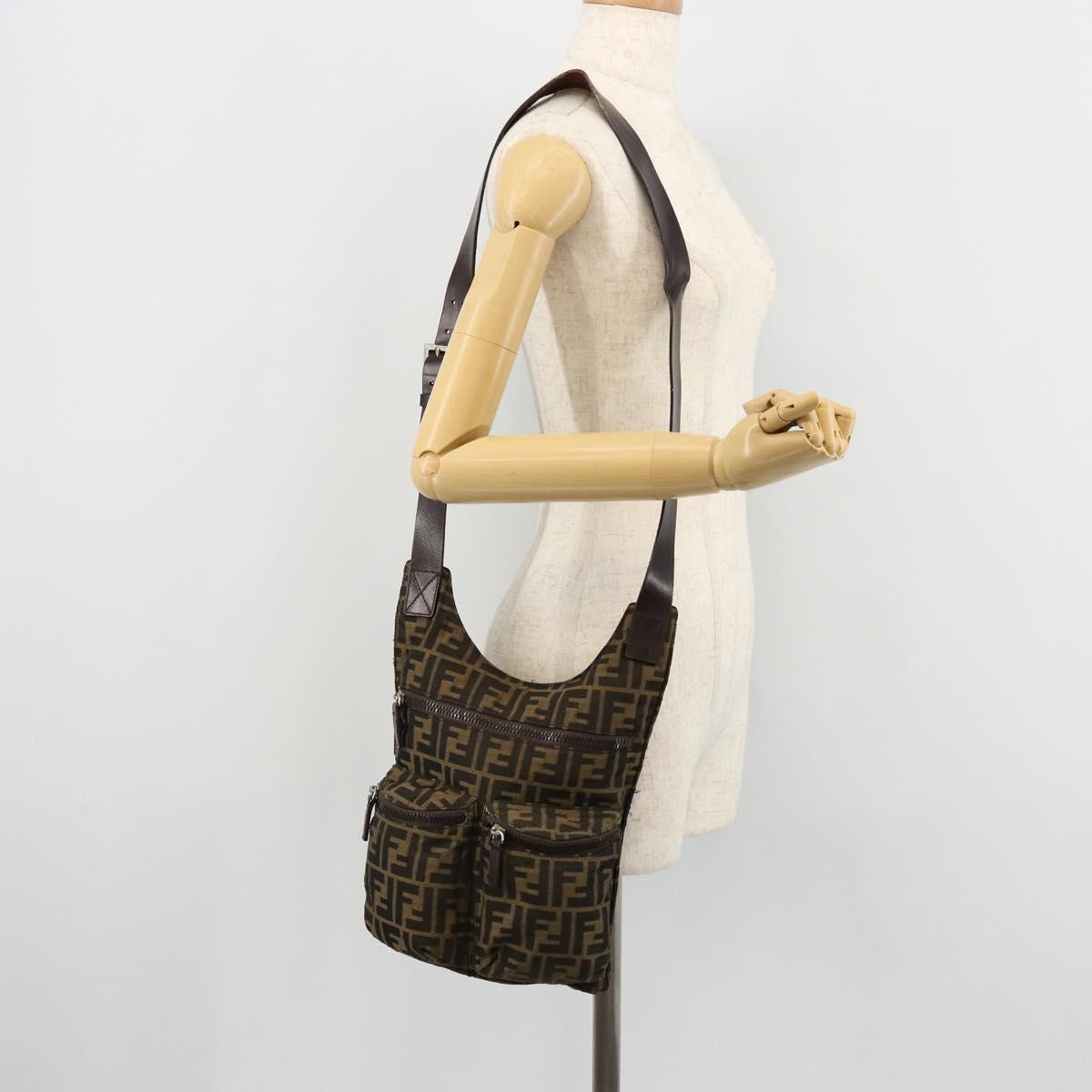 FENDI Zucca Canvas Shoulder Bag Black Brown Auth 176850A