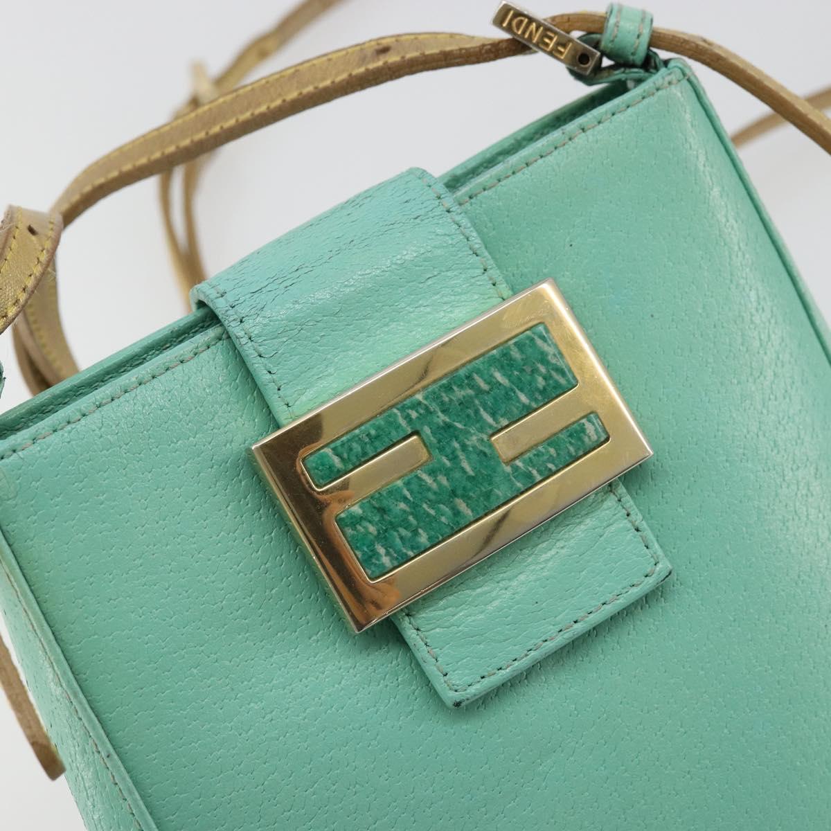 FENDI Mamma Baguette Shoulder Bag Leather Gold Light green Auth 176851A