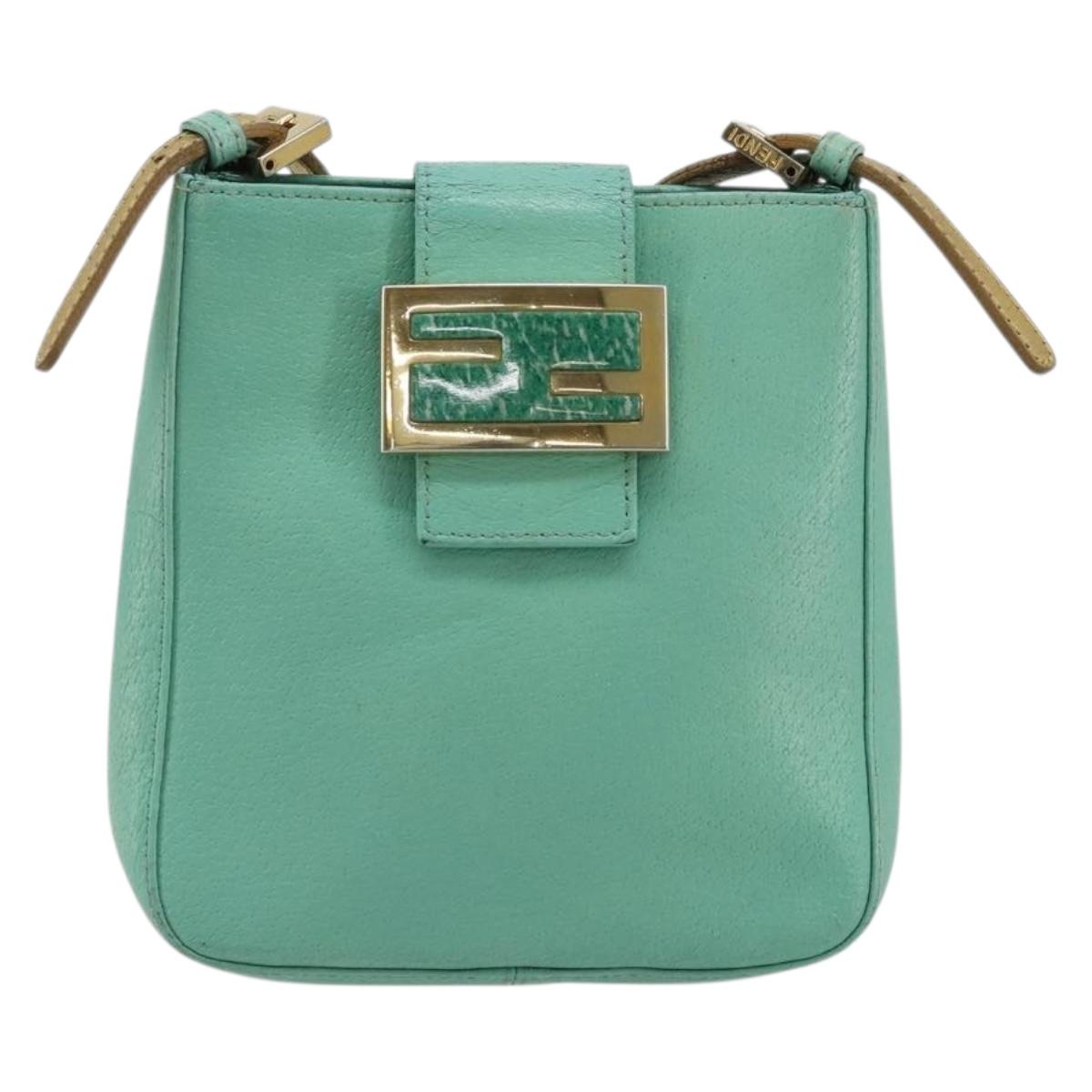 FENDI Mamma Baguette Shoulder Bag Leather Gold Light green Auth 176851A