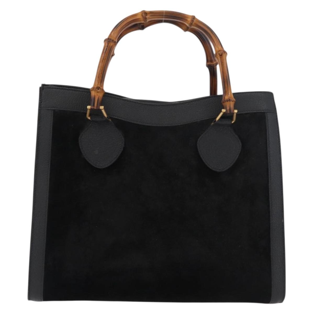 GUCCI Bamboo Hand Bag Suede Leather Black Gold 002 1196 0260 Auth 176869