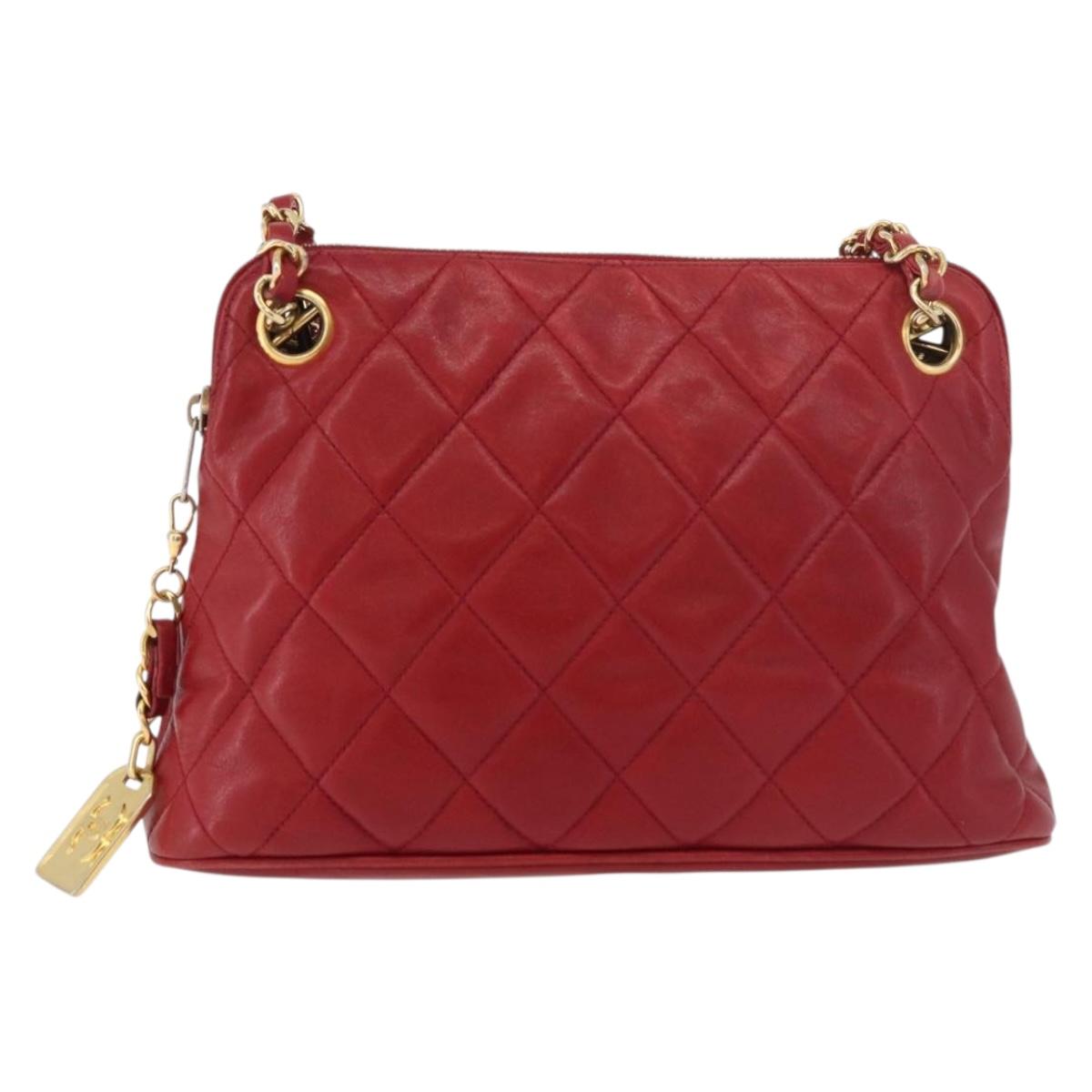 CHANEL Matelasse Chain Shoulder Bag Lamb Skin Red Gold CC Auth 176873