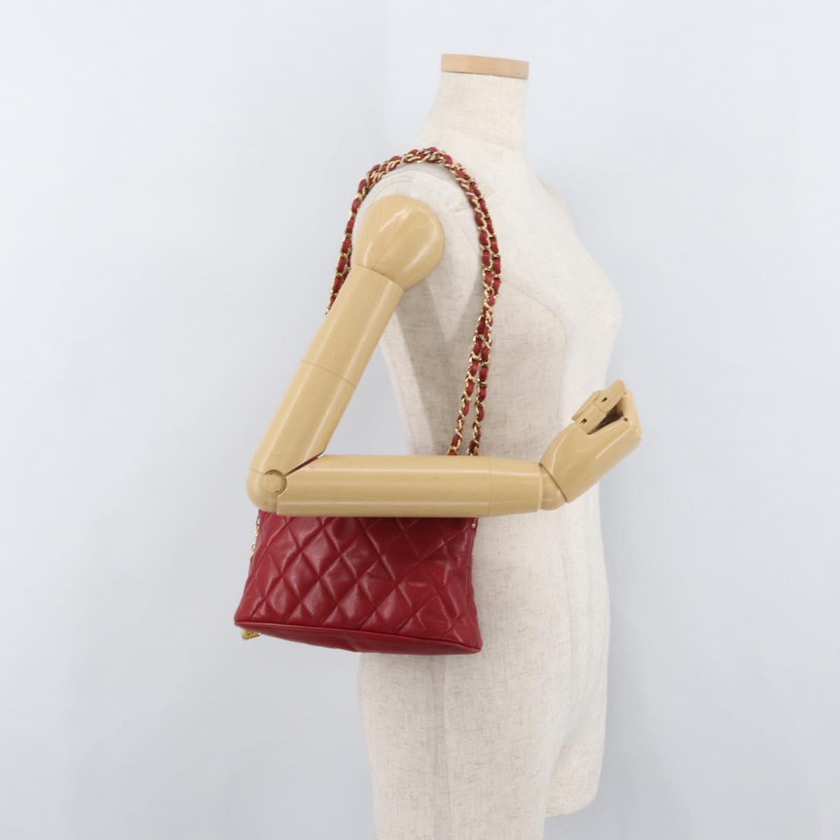 CHANEL Matelasse Chain Shoulder Bag Lamb Skin Red Gold CC Auth 176873