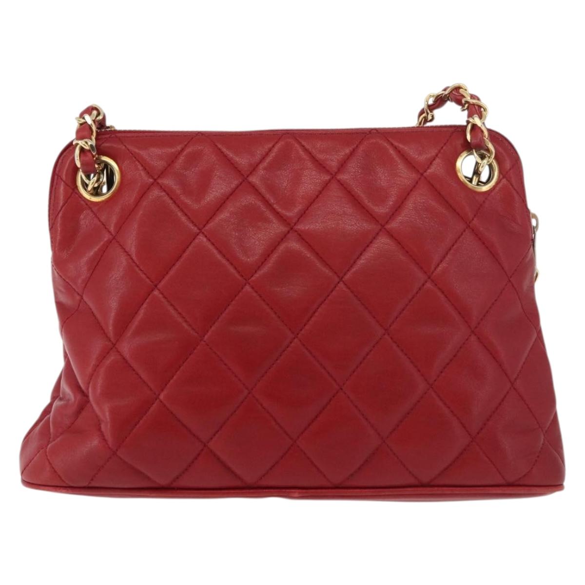CHANEL Matelasse Chain Shoulder Bag Lamb Skin Red Gold CC Auth 176873