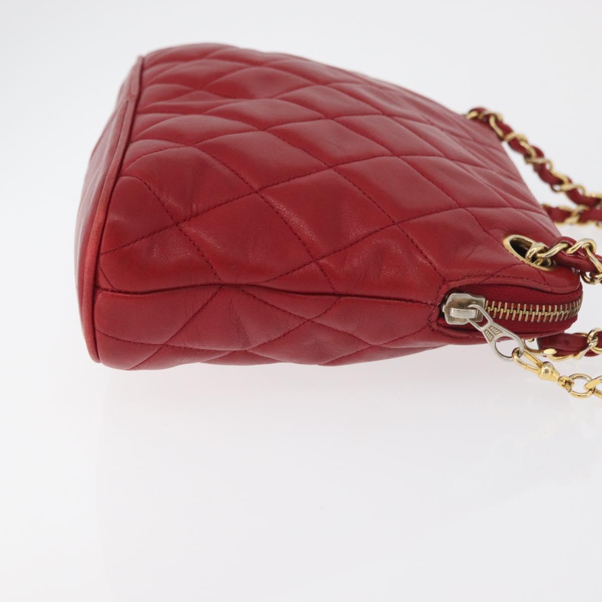 CHANEL Matelasse Chain Shoulder Bag Lamb Skin Red Gold CC Auth 176873