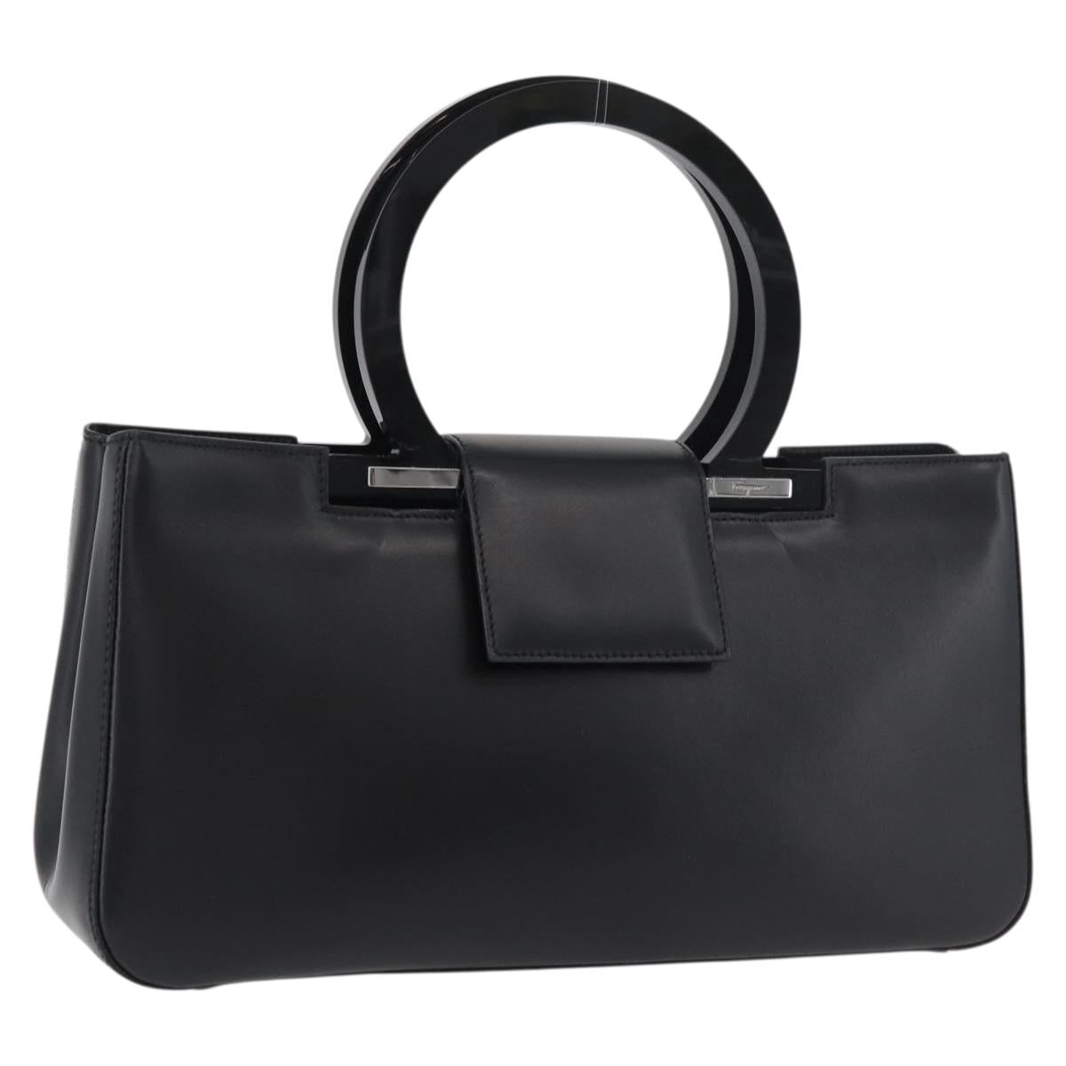 Salvatore Ferragamo Gancini Hand Bag Leather Black Silver Auth 176894A