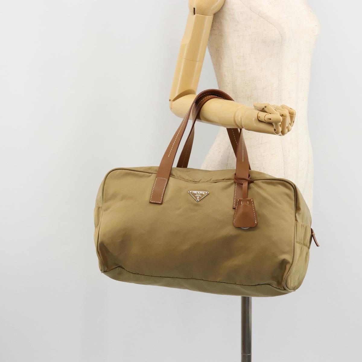 PRADA Boston Bag Nylon Silver Beige Auth 176900