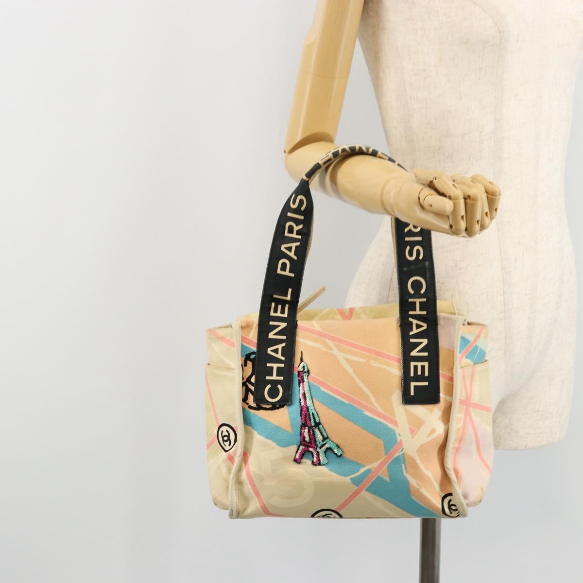 CHANEL Cruise Line Hand Bag Canvas Beige Silver CC Auth 176918