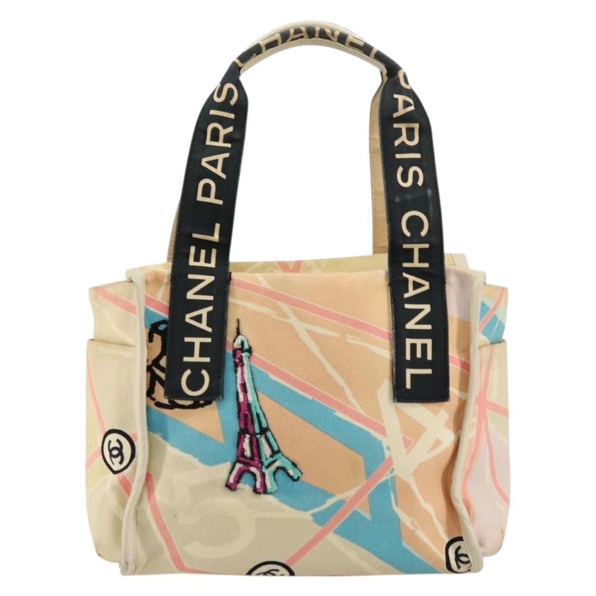 CHANEL Cruise Line Hand Bag Canvas Beige Silver CC Auth 176918