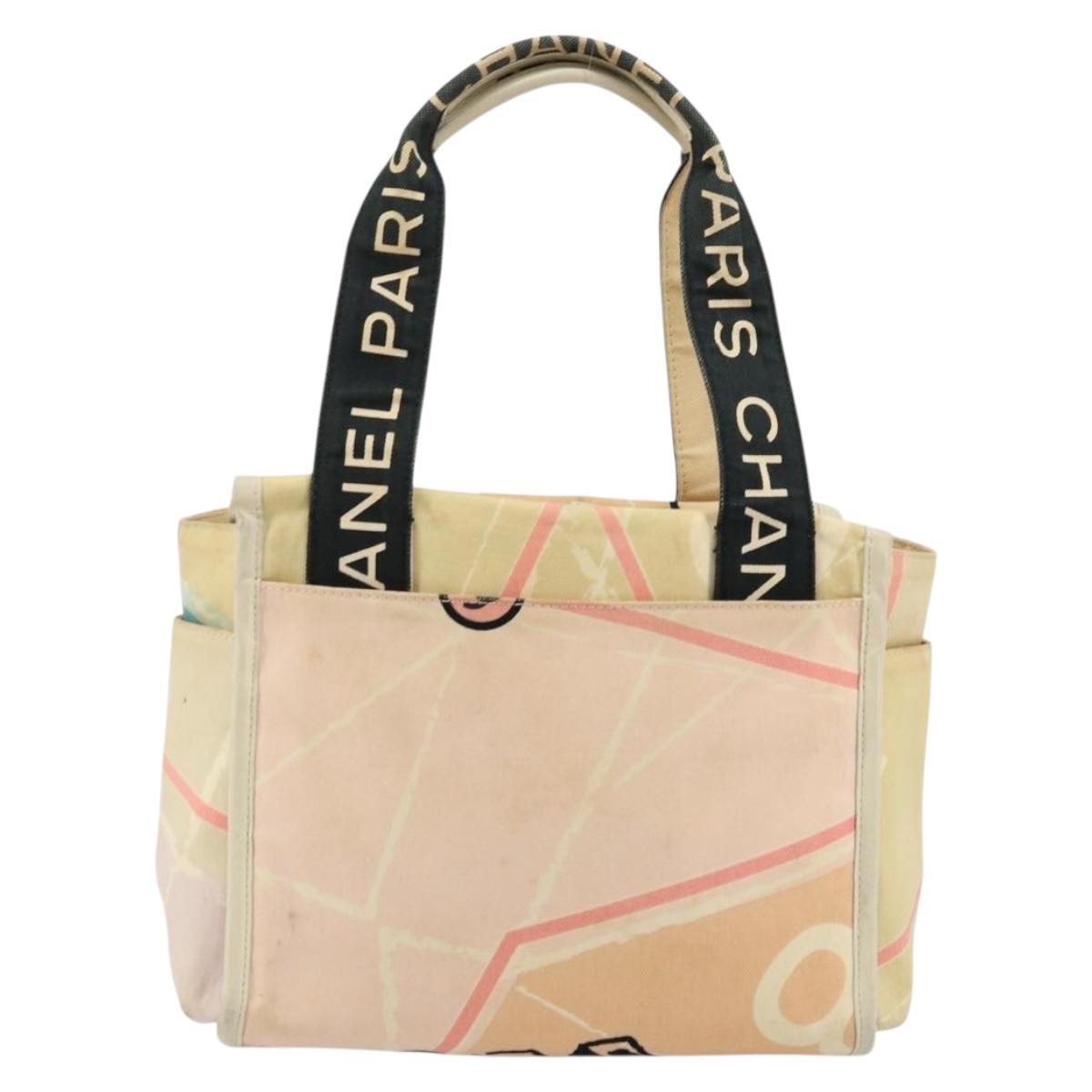 CHANEL Cruise Line Hand Bag Canvas Beige Silver CC Auth 176918