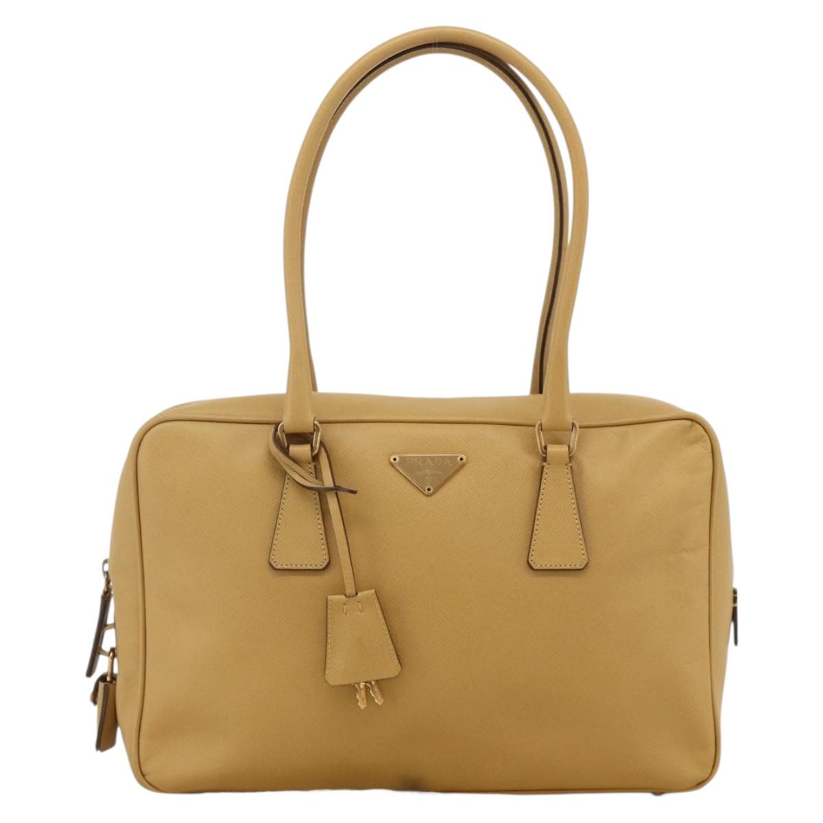 PRADA Hand Bag Safiano leather Beige Gold Auth 176972A