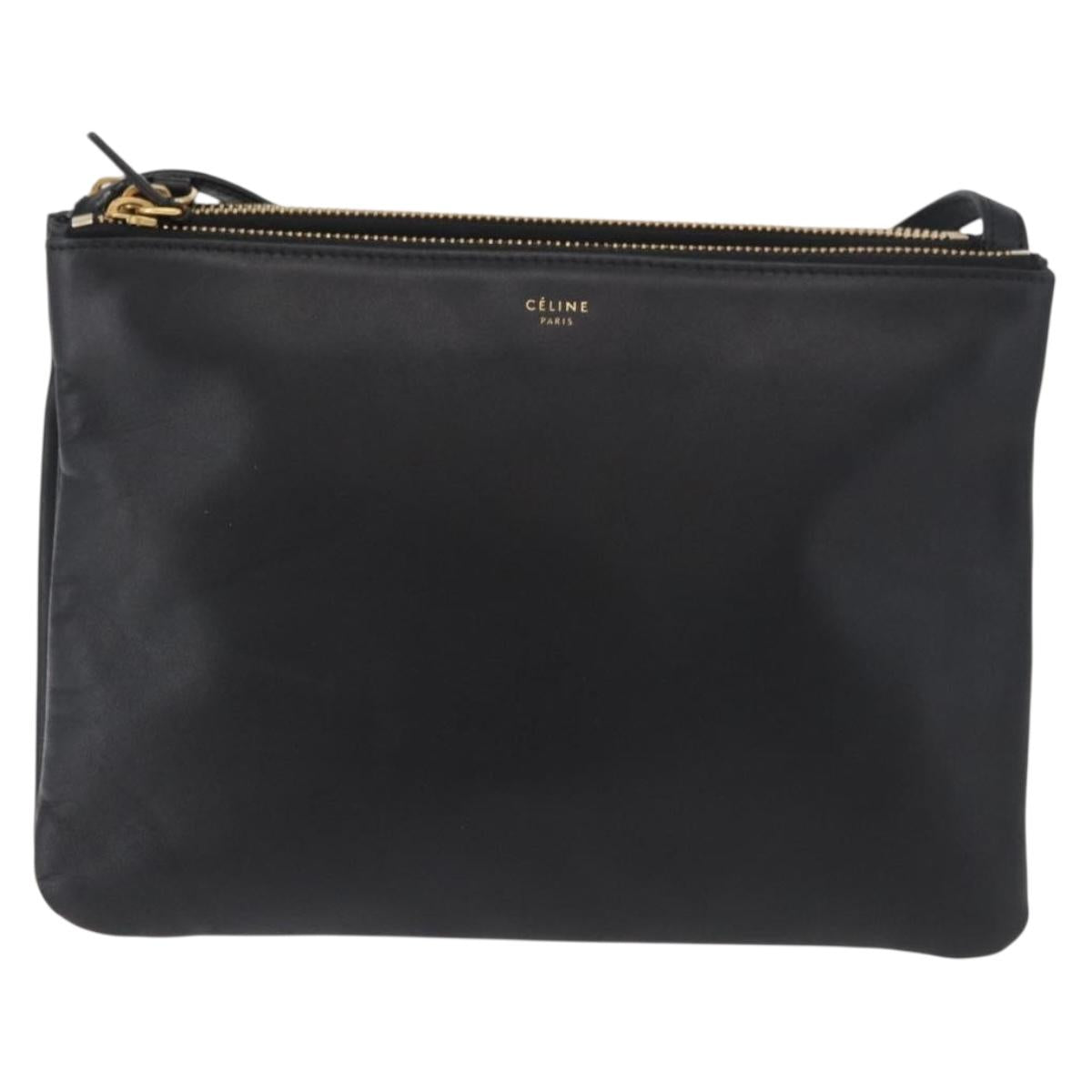 CELINE Trio Shoulder Bag Leather Black Gold Auth 176992A
