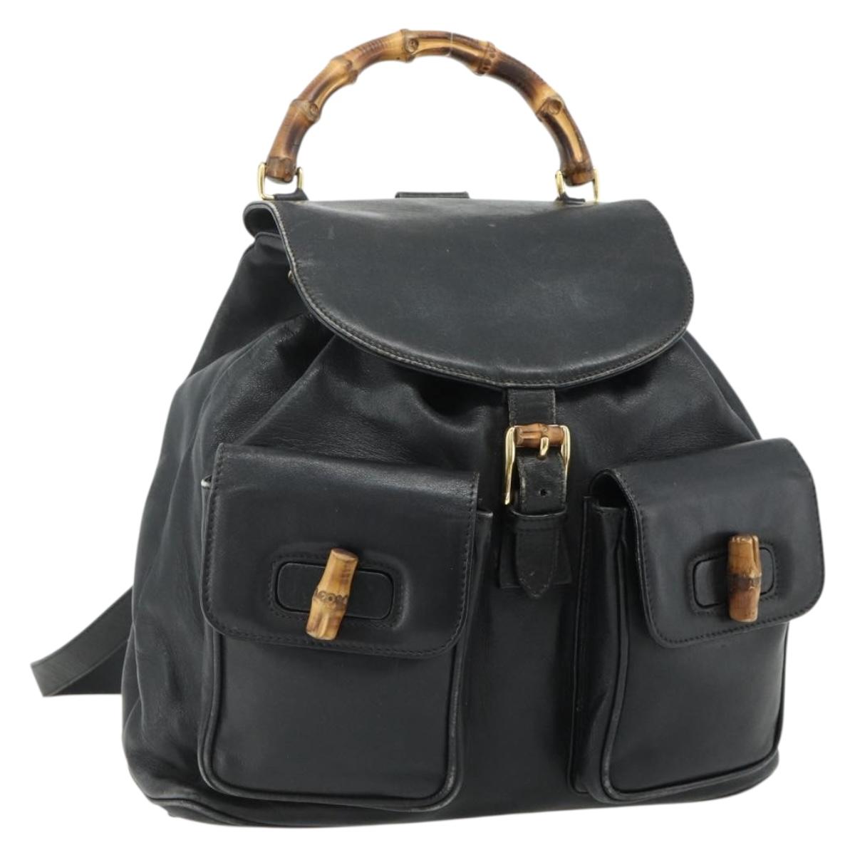 GUCCI Bamboo Backpack Leather Black Gold Auth 176996