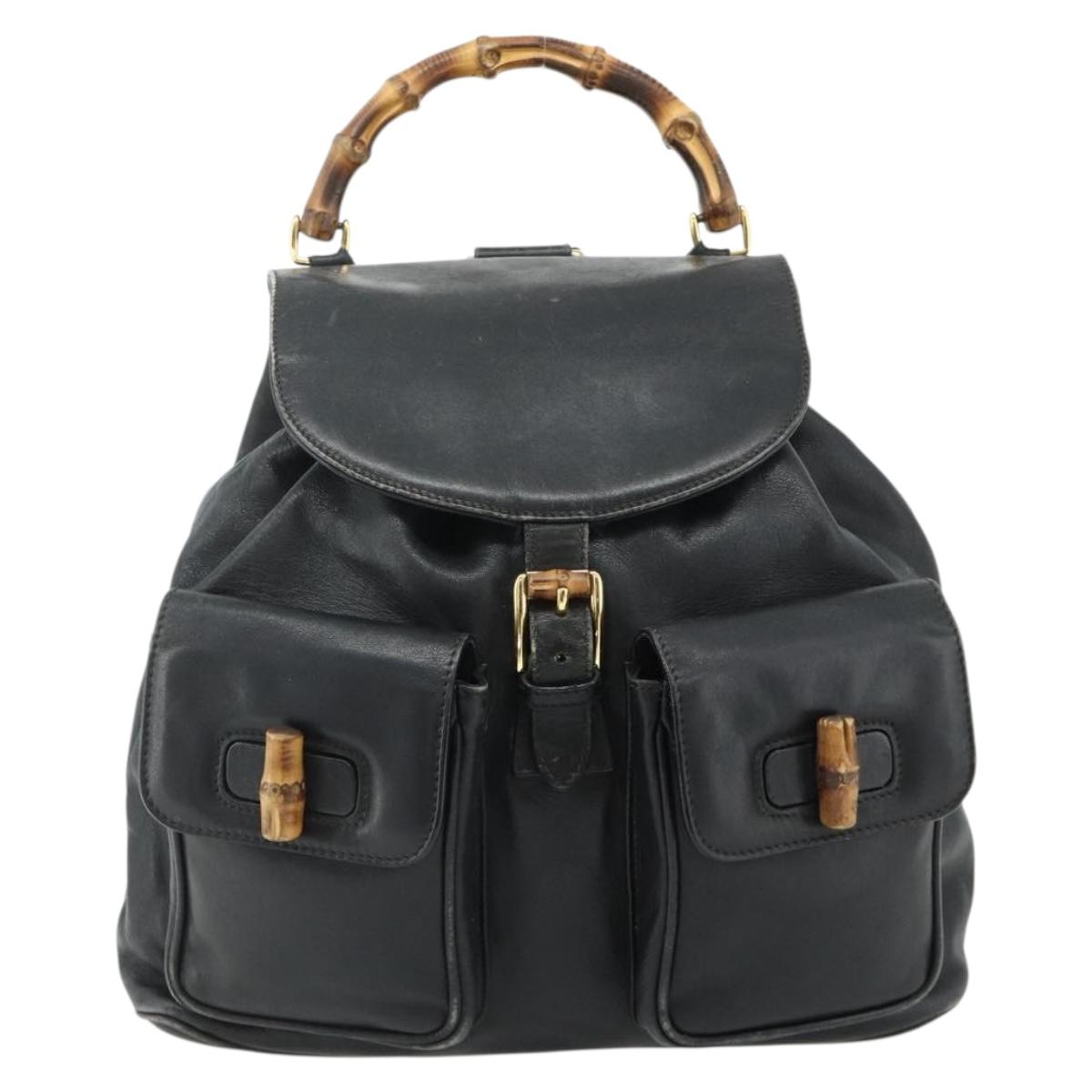 GUCCI Bamboo Backpack Leather Black Gold Auth 176996