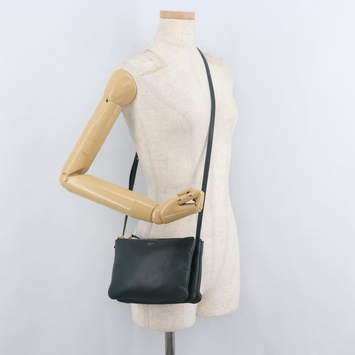 CELINE Trio Shoulder Bag Leather Green Gold Auth 177008A