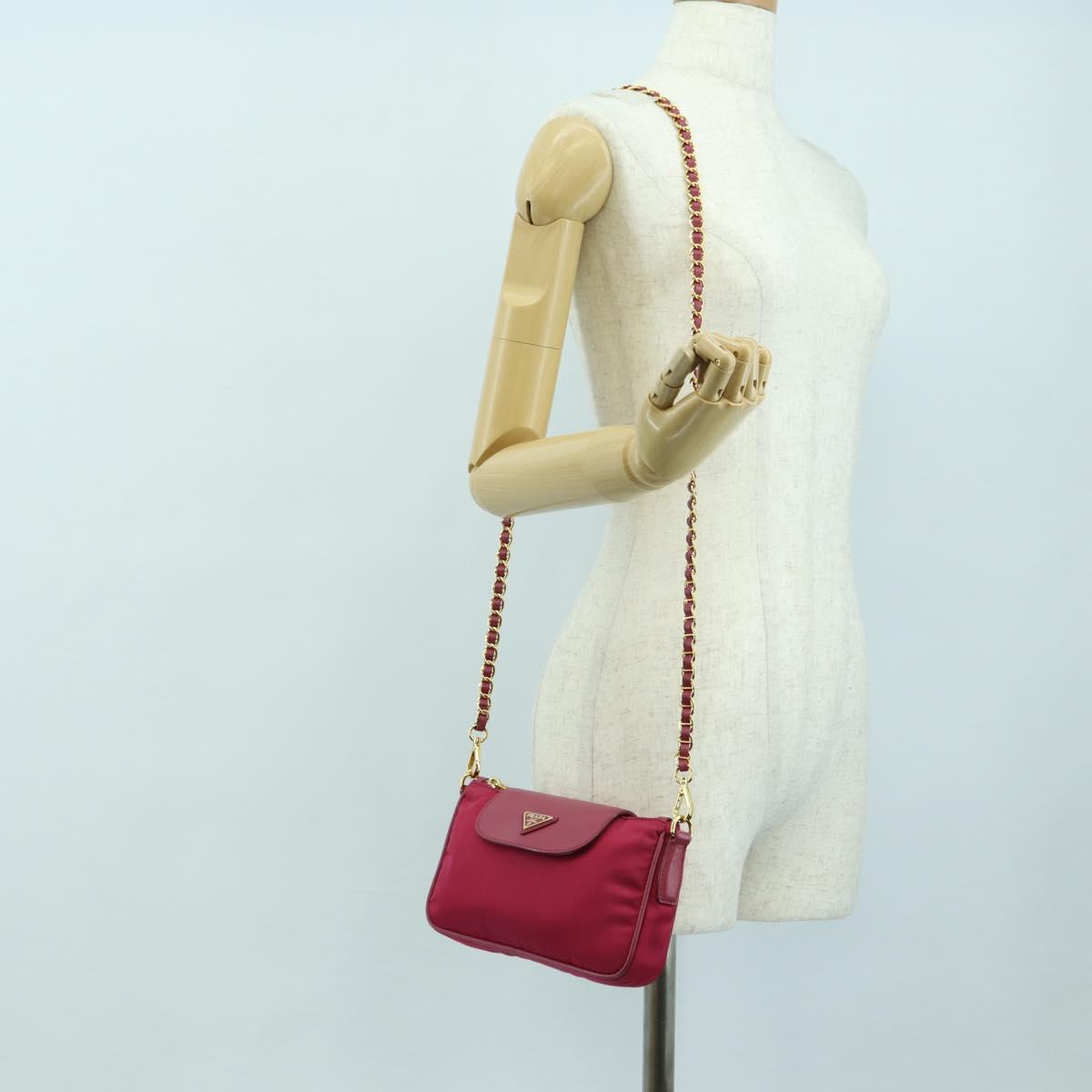 PRADA Chain Shoulder Bag Nylon Pink Gold Auth 177013V