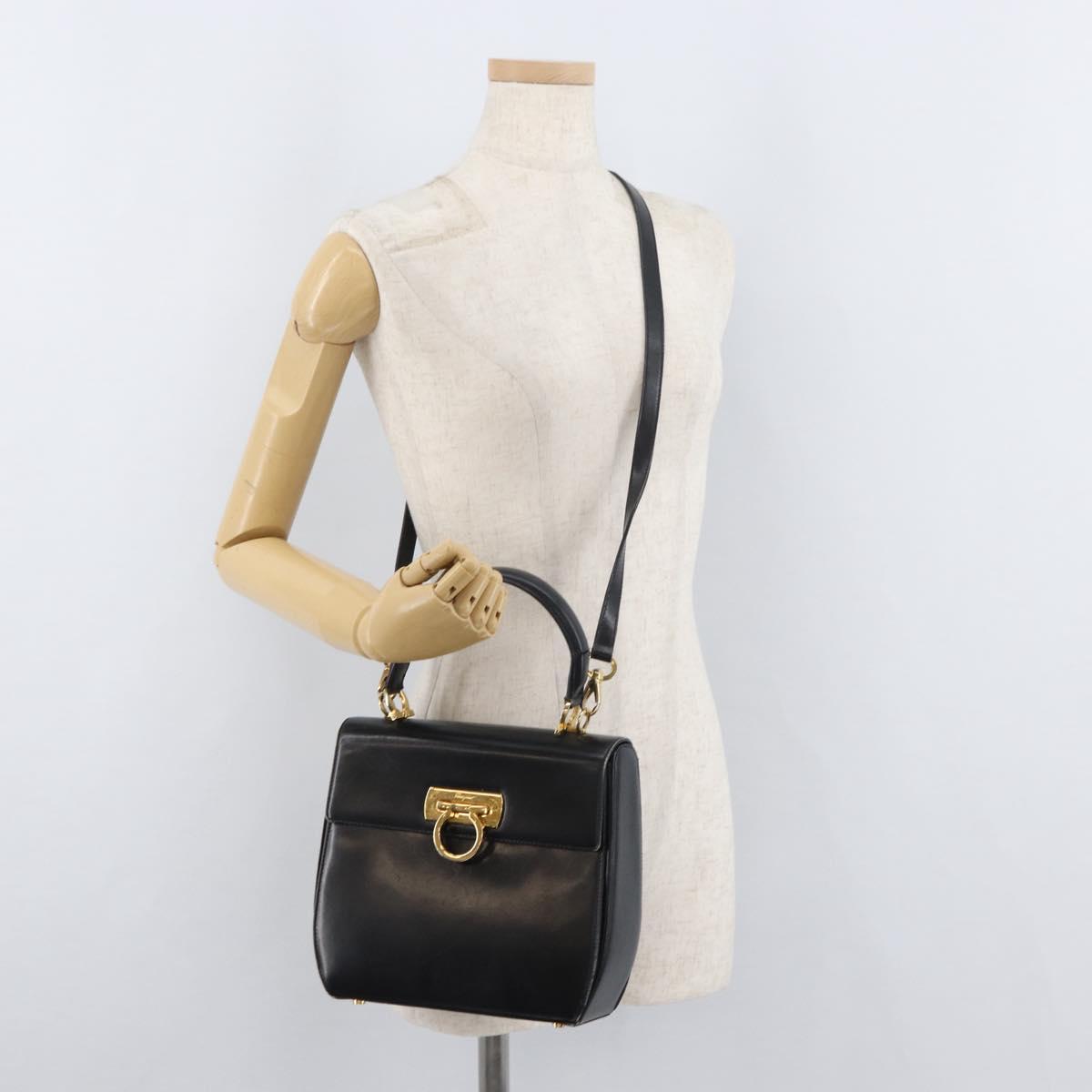 Salvatore Ferragamo Gancini Hand Bag Leather 2way Black Gold Auth 177018