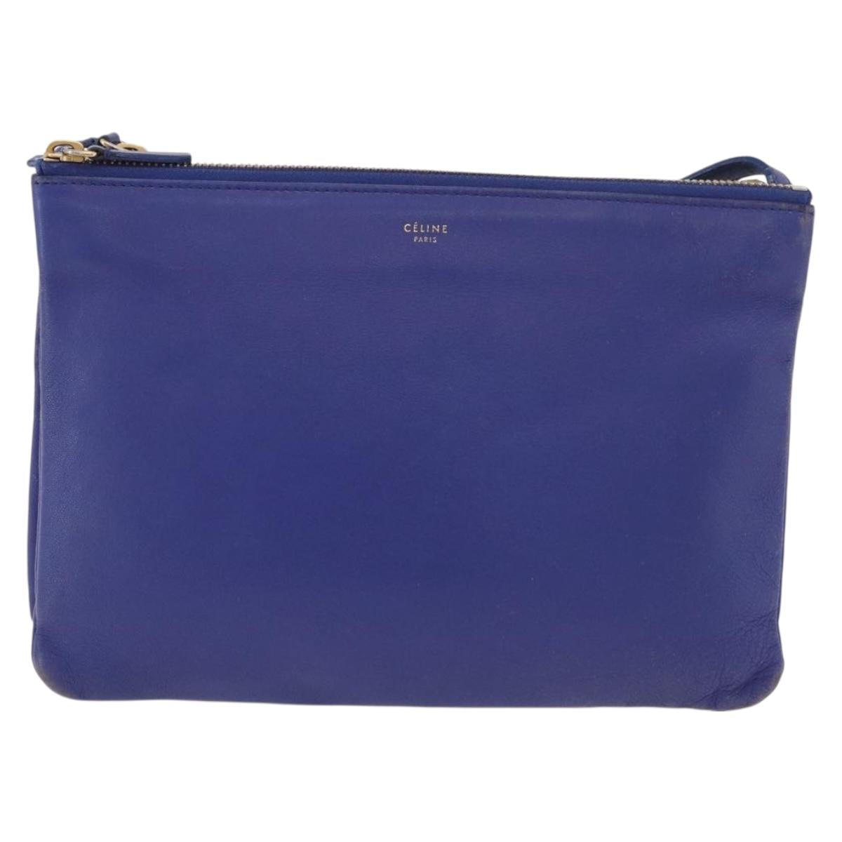 CELINE Trio Shoulder Bag Leather Blue Gold Auth 177022