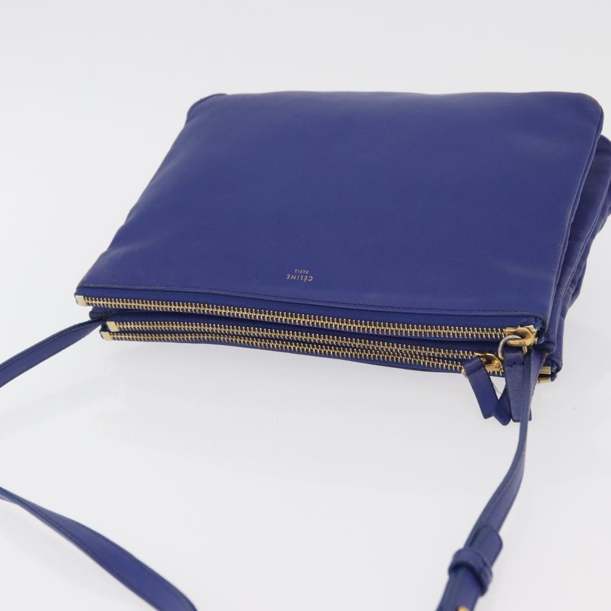 CELINE Trio Shoulder Bag Leather Blue Gold Auth 177022
