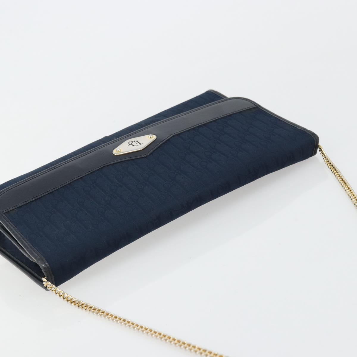 Christian Dior Trotter Canvas Chain Shoulder Bag Navy Gold Auth 177035