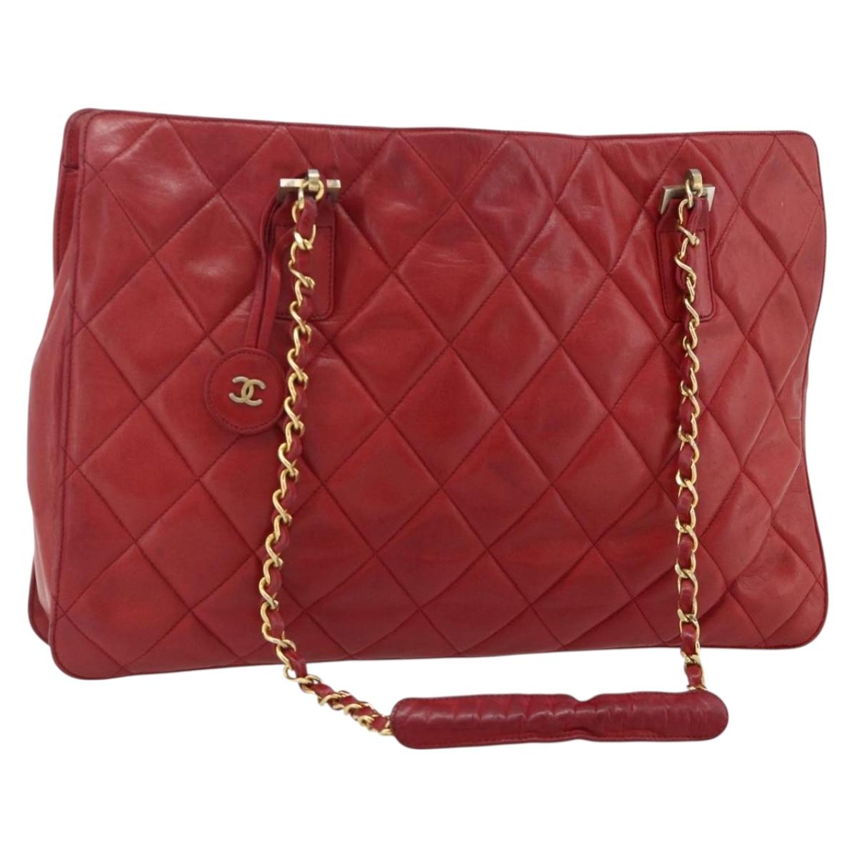 CHANEL Matelasse Chain Shoulder Bag Lamb Skin Red Gold CC Auth 177037