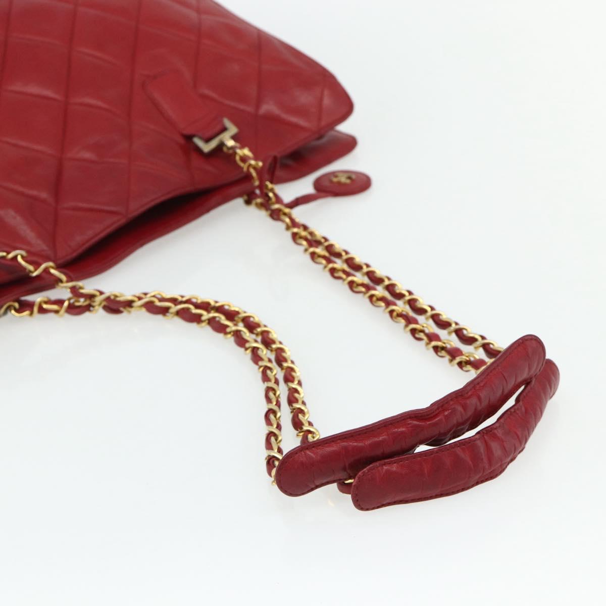 CHANEL Matelasse Chain Shoulder Bag Lamb Skin Red Gold CC Auth 177037