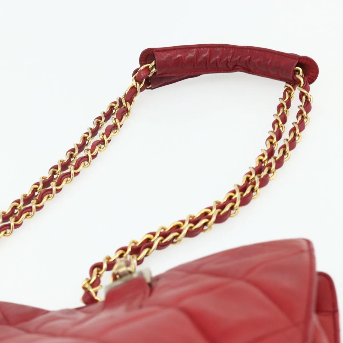 CHANEL Matelasse Chain Shoulder Bag Lamb Skin Red Gold CC Auth 177037