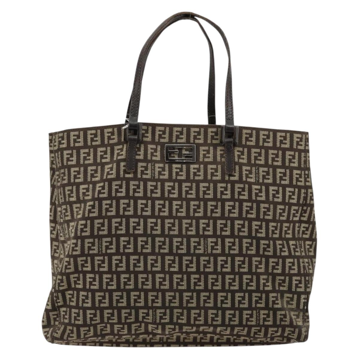 FENDI Zucchino Canvas Hand Bag Brown Silver Auth 177119