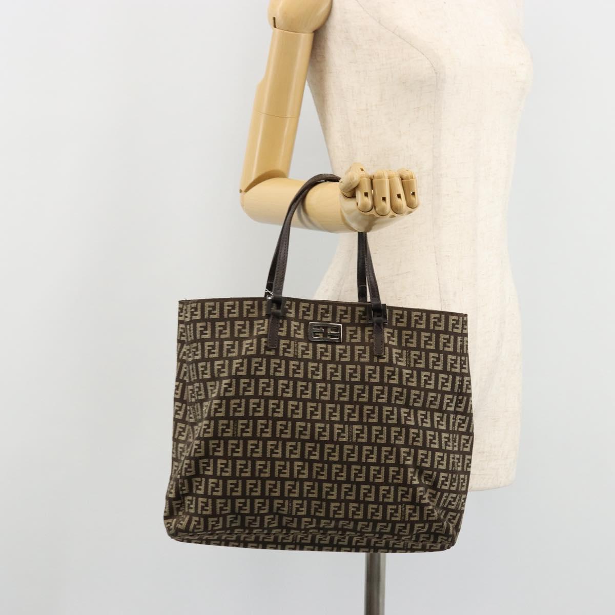 FENDI Zucchino Canvas Hand Bag Brown Silver Auth 177119