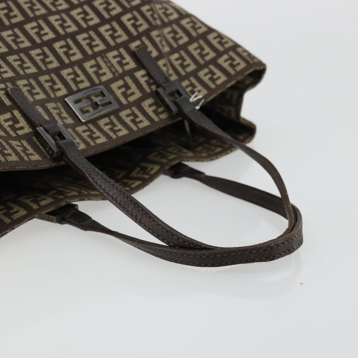 FENDI Zucchino Canvas Hand Bag Brown Silver Auth 177119