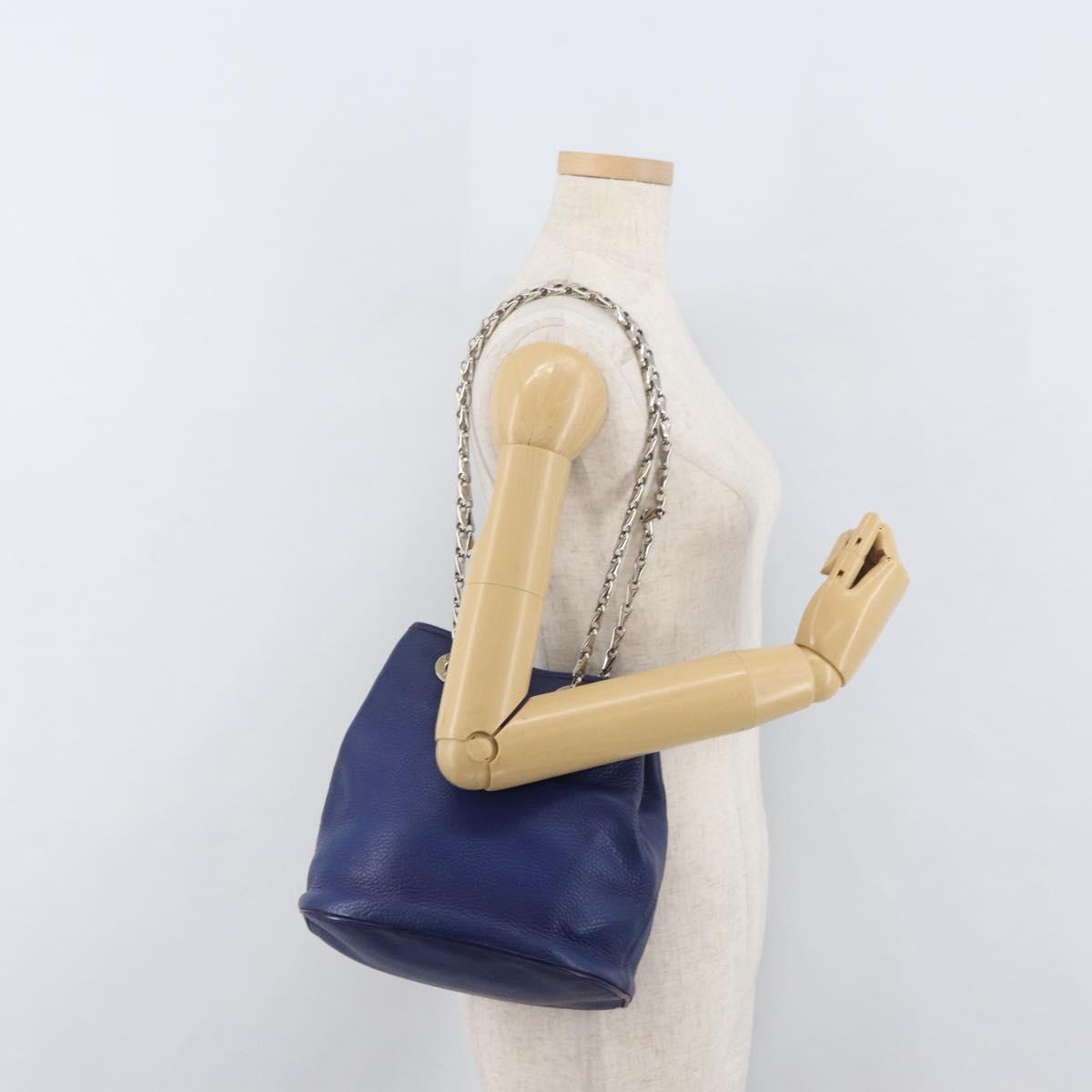 CELINE Chain Shoulder Bag Leather Blue Silver Auth 177125A