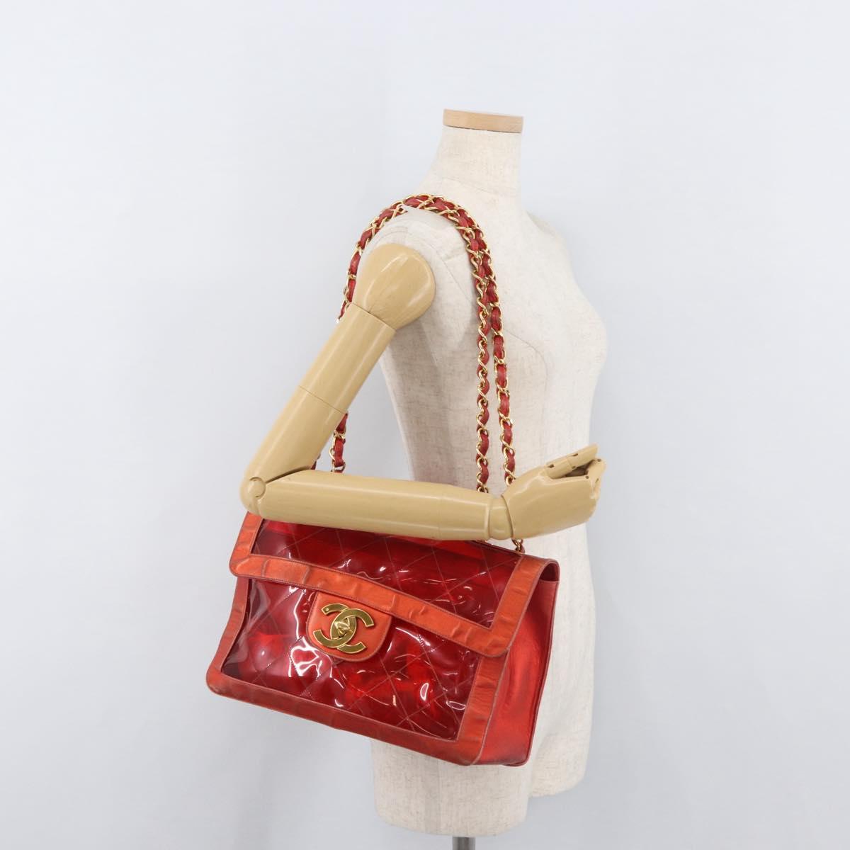 CHANEL Matelasse Chain Shoulder Bag Vinyl Red Gold CC Auth 177136A