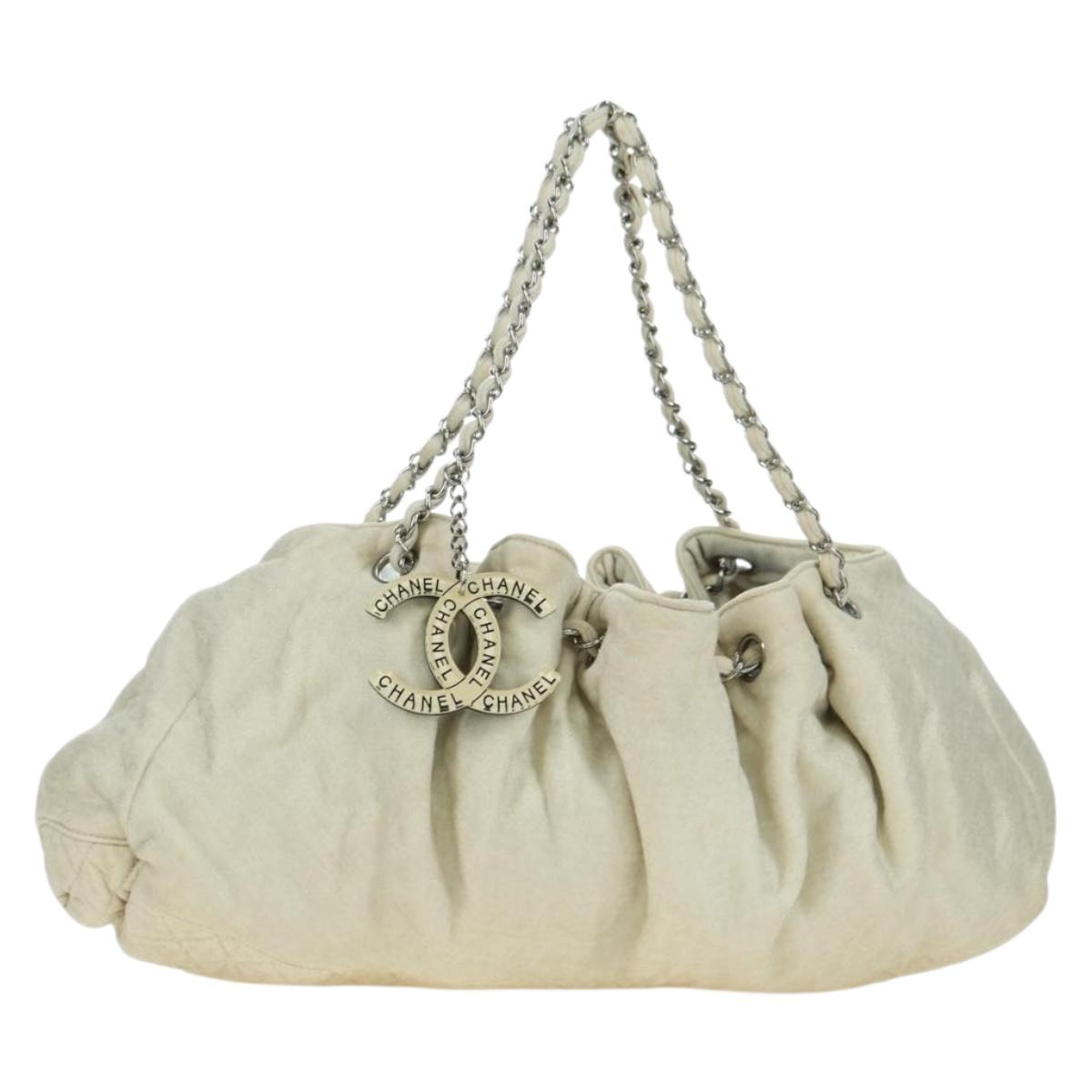CHANEL Chain Melrose Cabas Shoulder Bag Canvas Beige Silver CC Auth 177138V