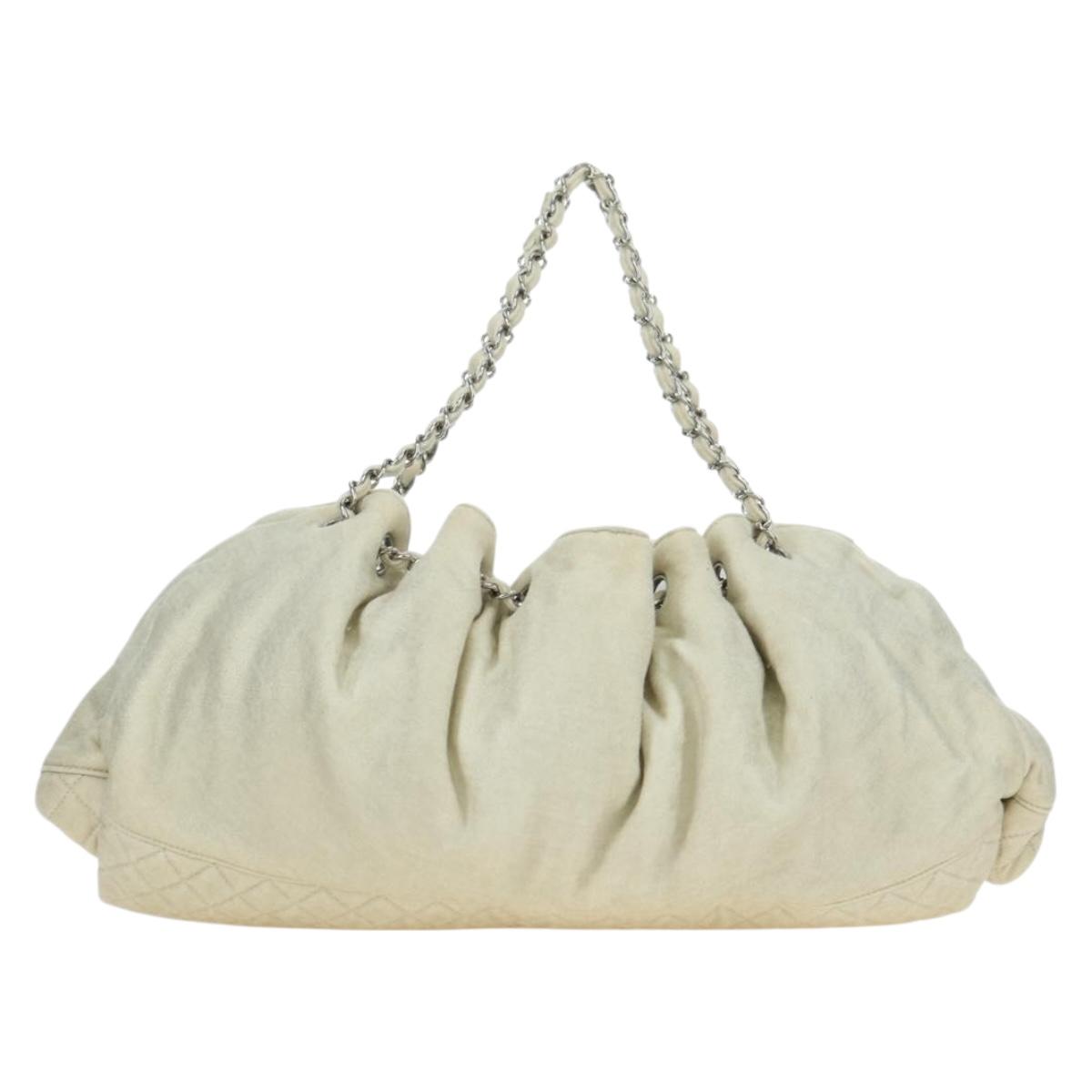 CHANEL Chain Melrose Cabas Shoulder Bag Canvas Beige Silver CC Auth 177138V