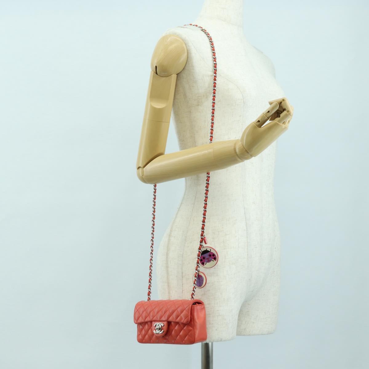 CHANEL Mini Matelasse 14 Chain Bag Lamb Skin Red Silver CC Auth 177139SAM