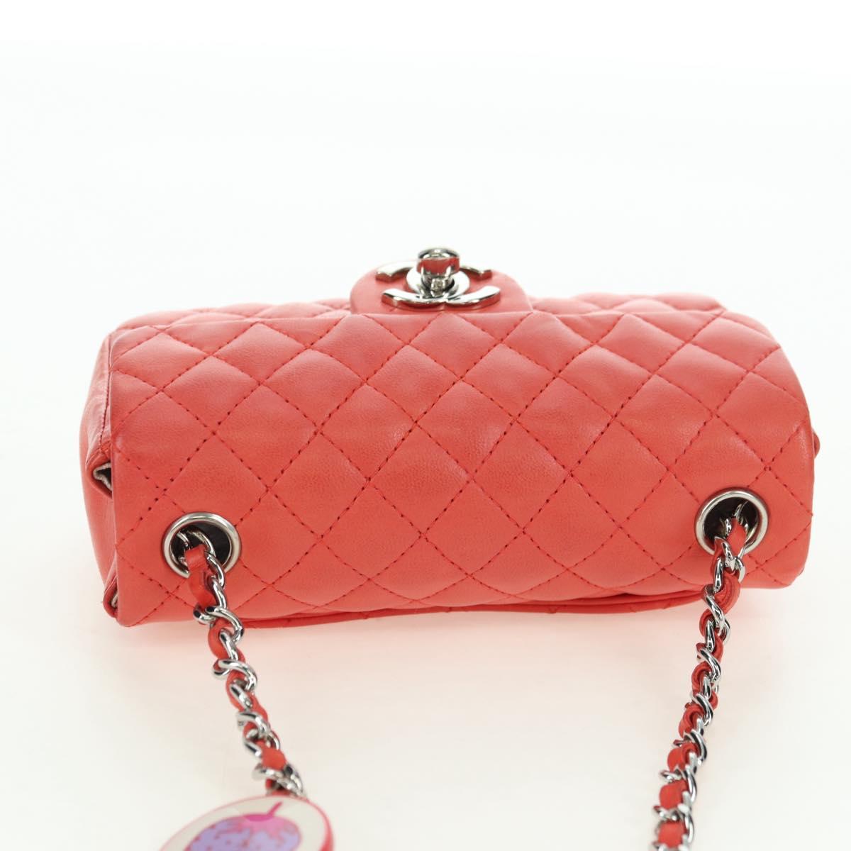 CHANEL Mini Matelasse 14 Chain Bag Lamb Skin Red Silver CC Auth 177139SAM
